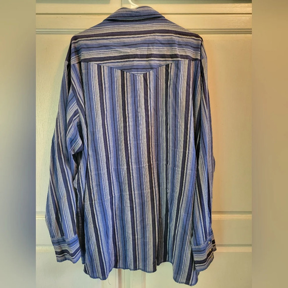 Vintage Wrangler Black & Blue Striped Western Pearl Snap Men's Shirt - Picture 3 of 5